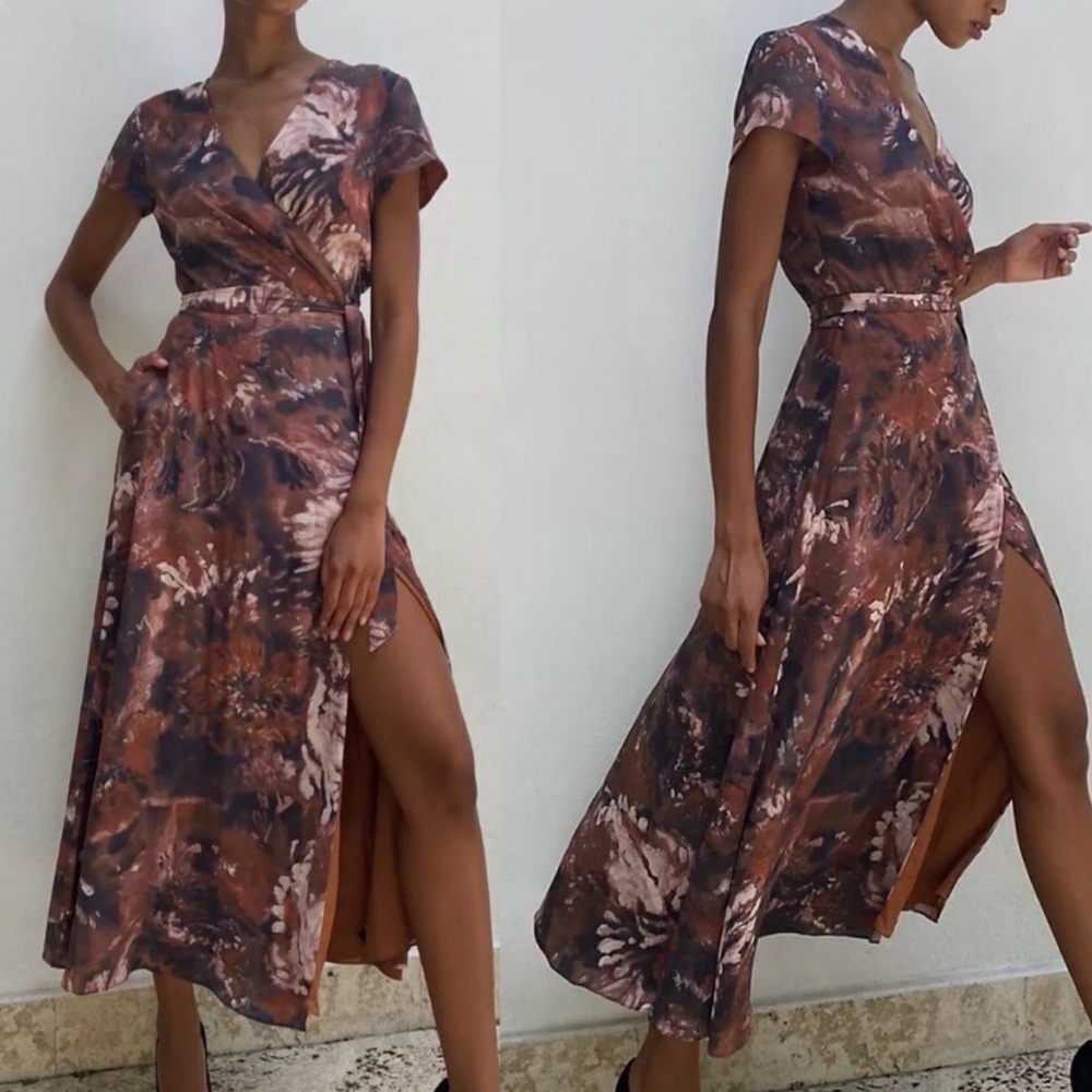 Aritzia Babaton Brown Floral Side Slit Midi Wrap Dress Earthy Medium